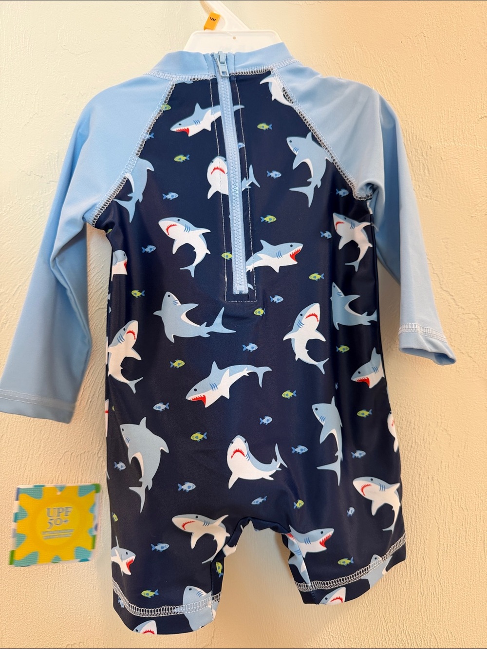 Little Me Navy Shark Print Rashguard One-Piece with Light Blue Sleeves and Hat - Picture 4 of 9